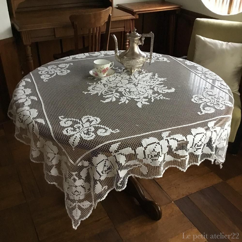正方形) フランス アンティーク フィレレース テーブルクロス カーテン