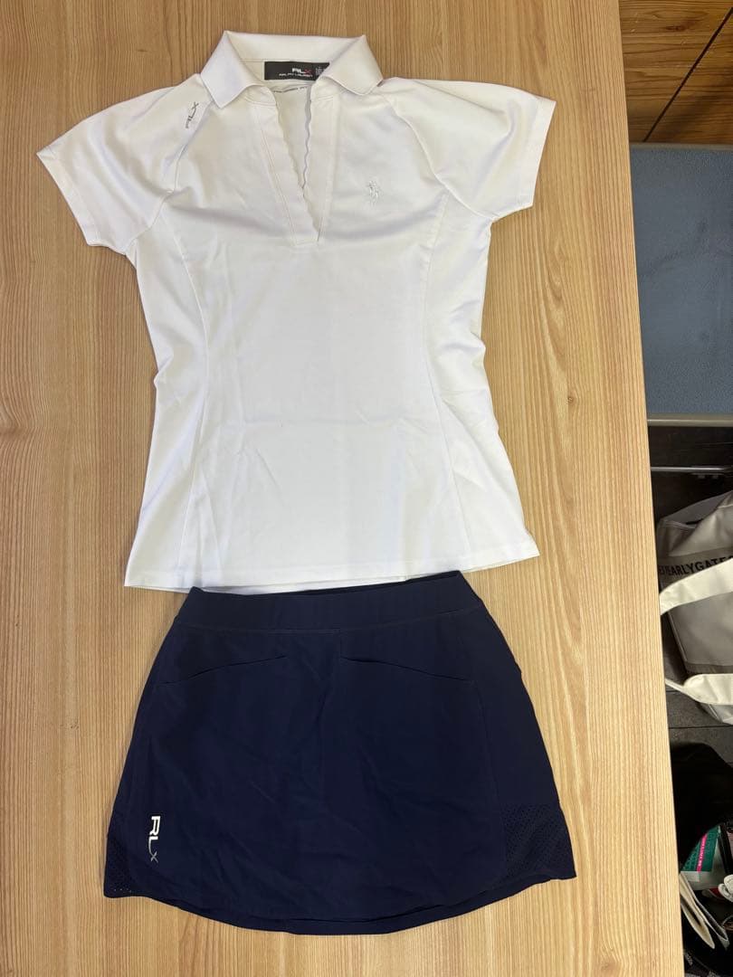 RLX ホワイトポロシャツとネイビースカートサンバイザーセット RLX テーラード フィット Poloベア ジャージー長袖ポロシャツ レディス