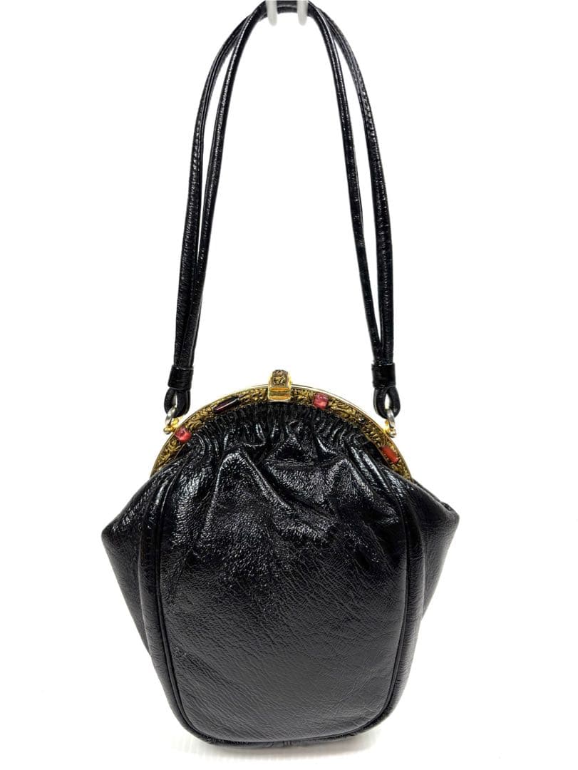 濱野（HAMANO） ハンドバッグ　サンピエトロ　がま口　ビジューストーン　黒 濱野皮革工藝 ハマノ ハンドバッグ サンピエトロ がま口 ビジュー